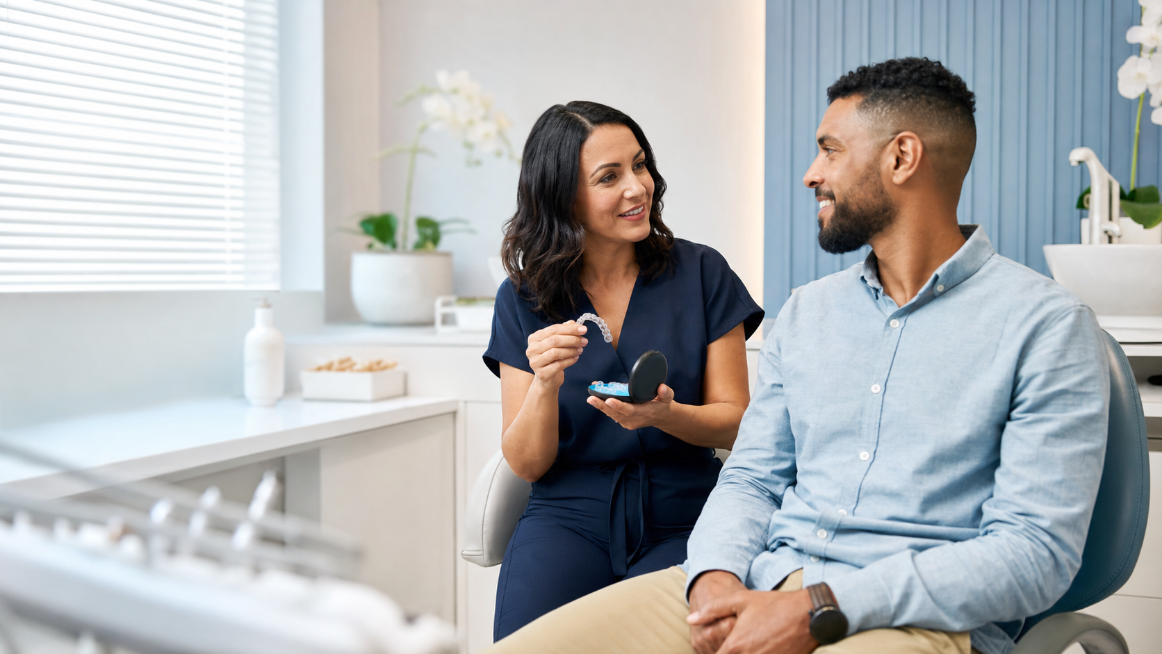 Active Aligners patient speaking with a treating provider, illustrative