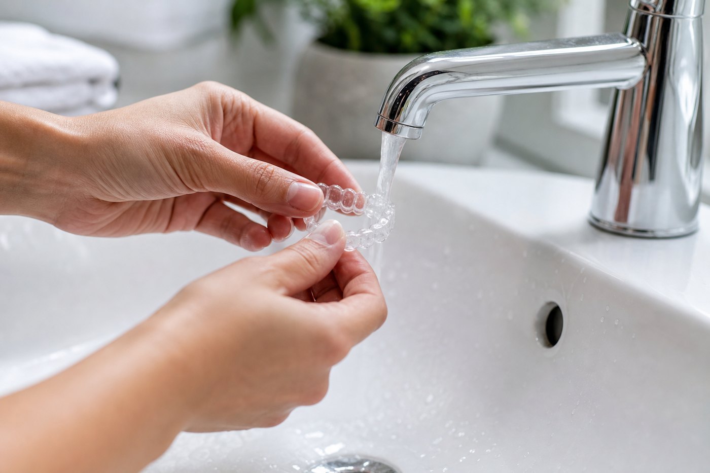 Rinsing a clear aligner under water