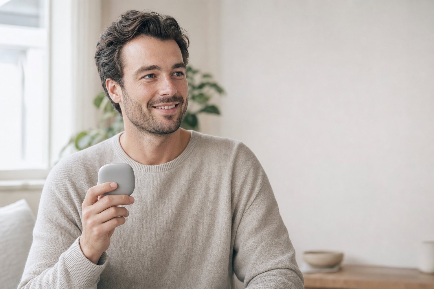 A relaxed man smiling while holding a clear aligner case