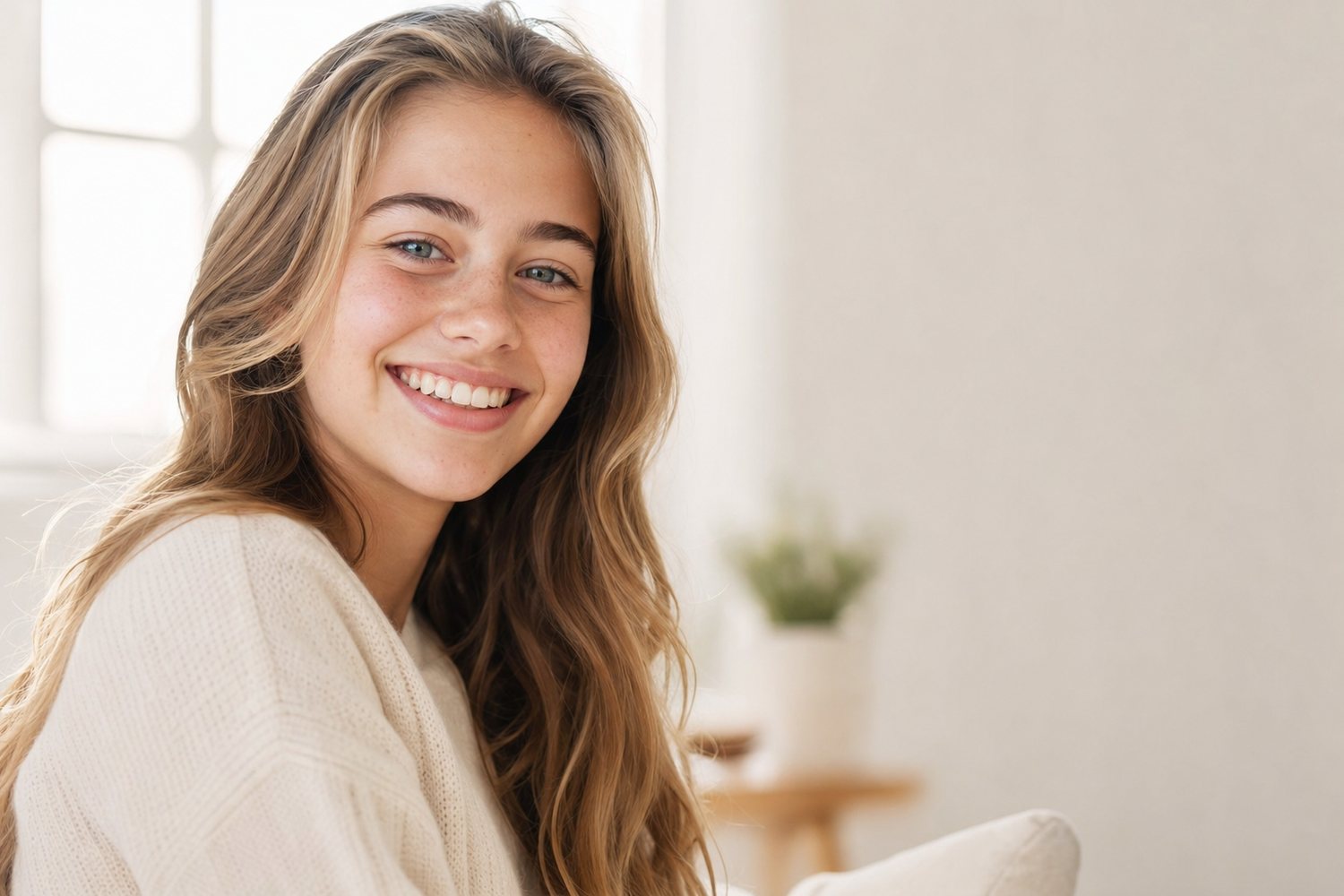 Happy teenager smiling naturally in a bright modern interior