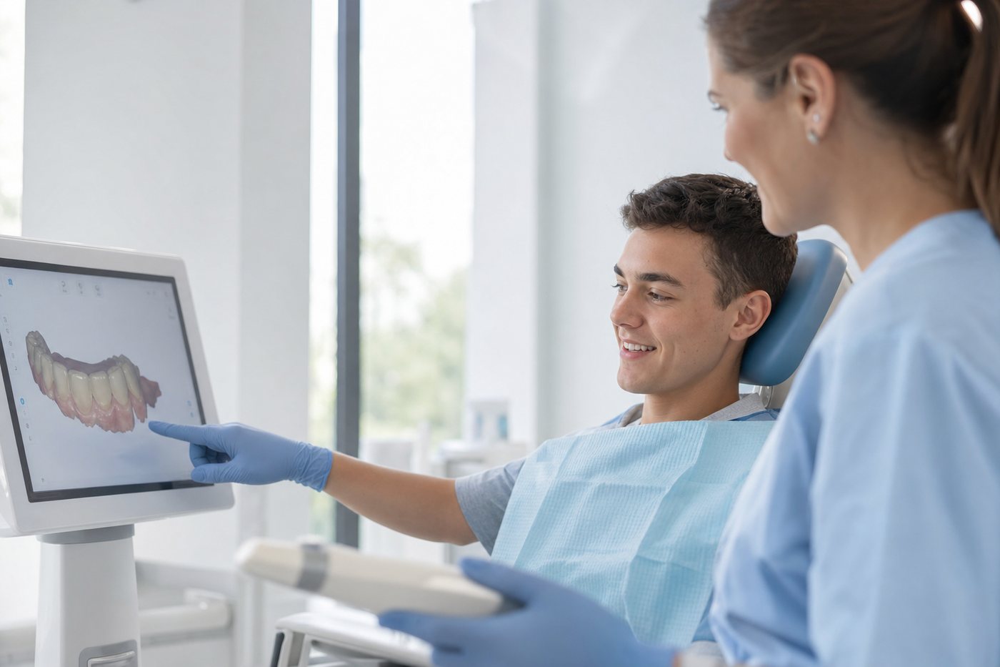 A relaxed teenage boy in the dental chair viewing a 3D digital scan of his teeth with his dentist