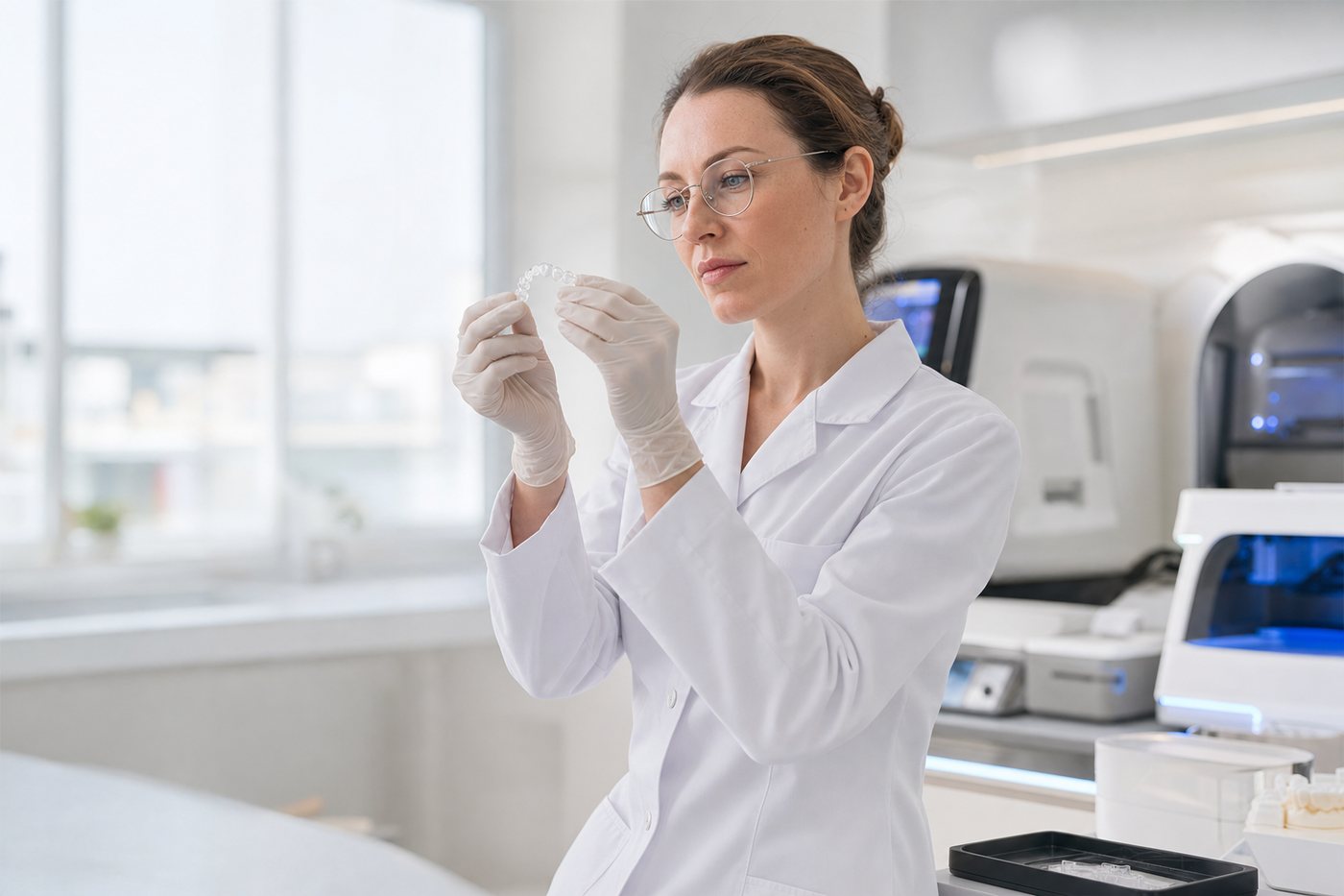 A dental lab technician inspecting a clear aligner in a modern digital laboratory