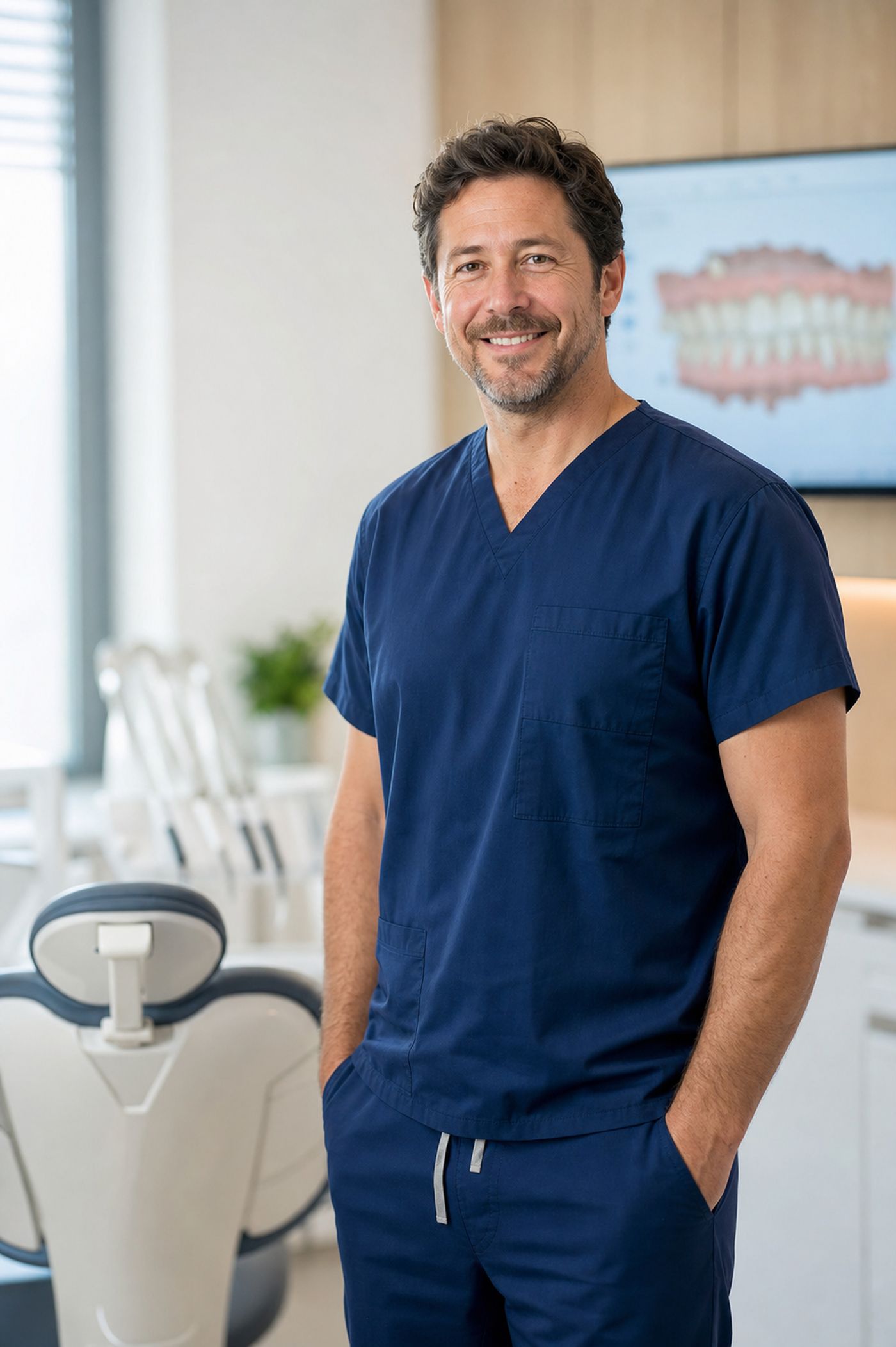 A confident dentist standing in a modern practice beside a digital scan