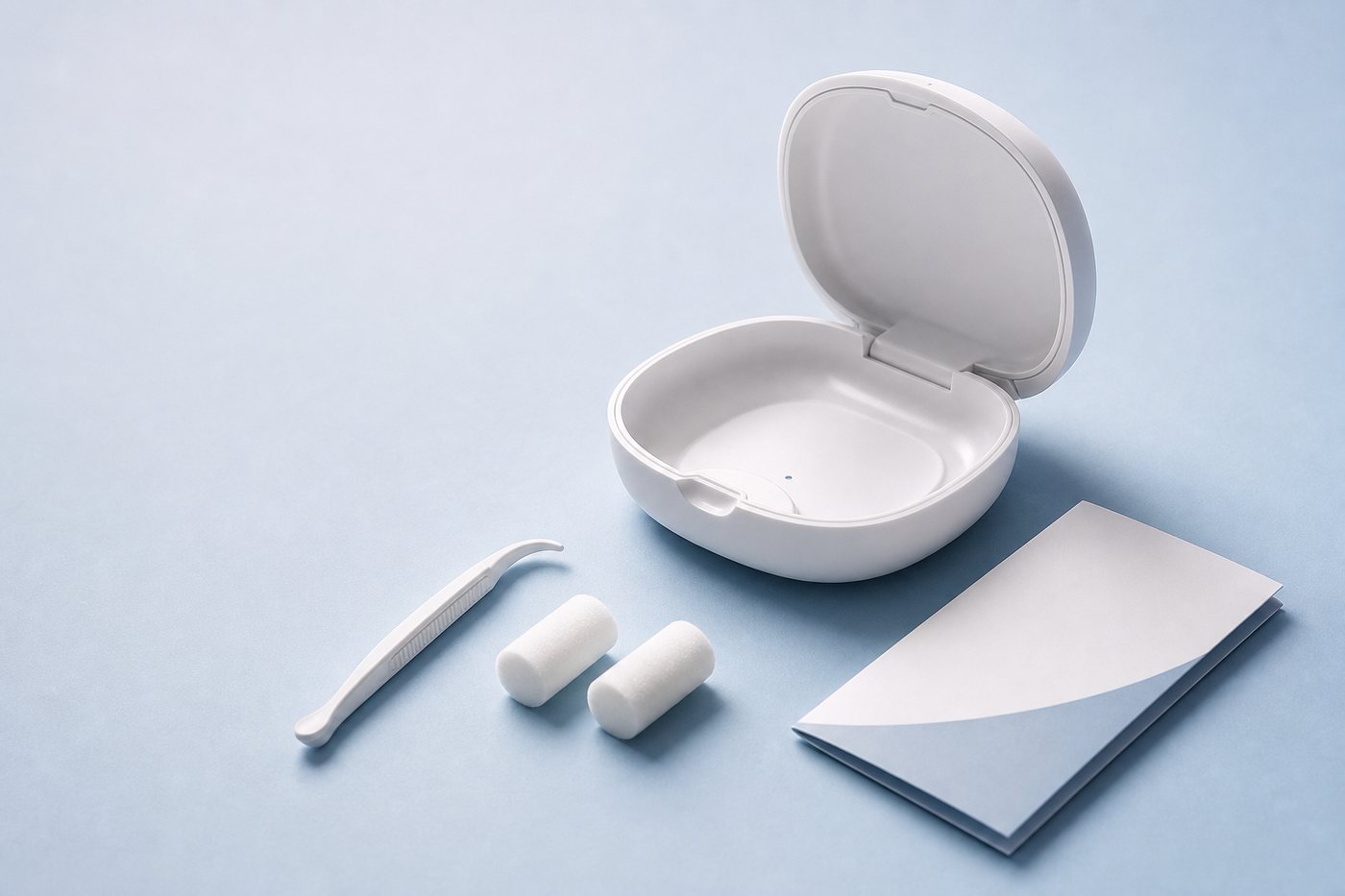 An open clear aligner case with provider accessories laid out neatly