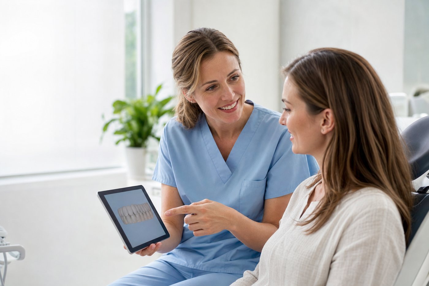 A dentist showing a patient her treatment plan on a tablet in a bright modern clinic