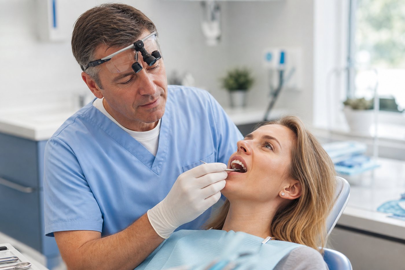 A dentist carefully examining a patient's gums and teeth before treatment