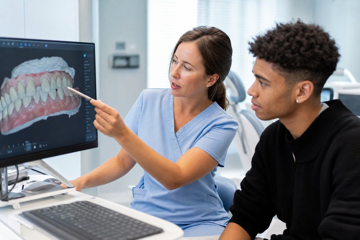 A dentist reviewing a 3D digital scan with a patient to plan treatment in detail