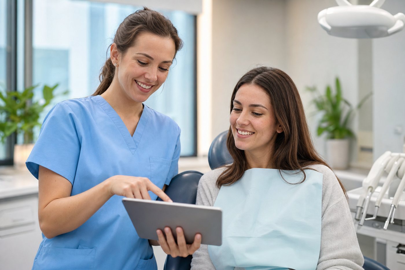 A dentist reviewing treatment progress with a smiling patient at a check-up