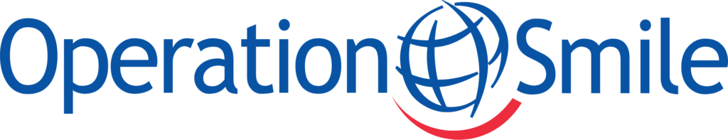 Operation Smile global logo, blue wordmark with globe mark and red smile