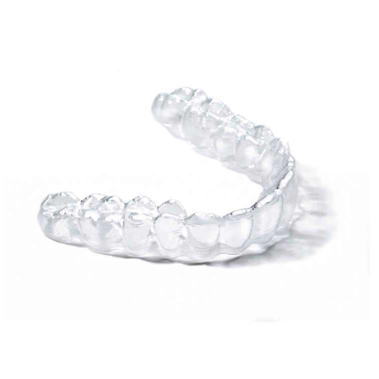 A clear Active Aligners aligner tray on a plain white background