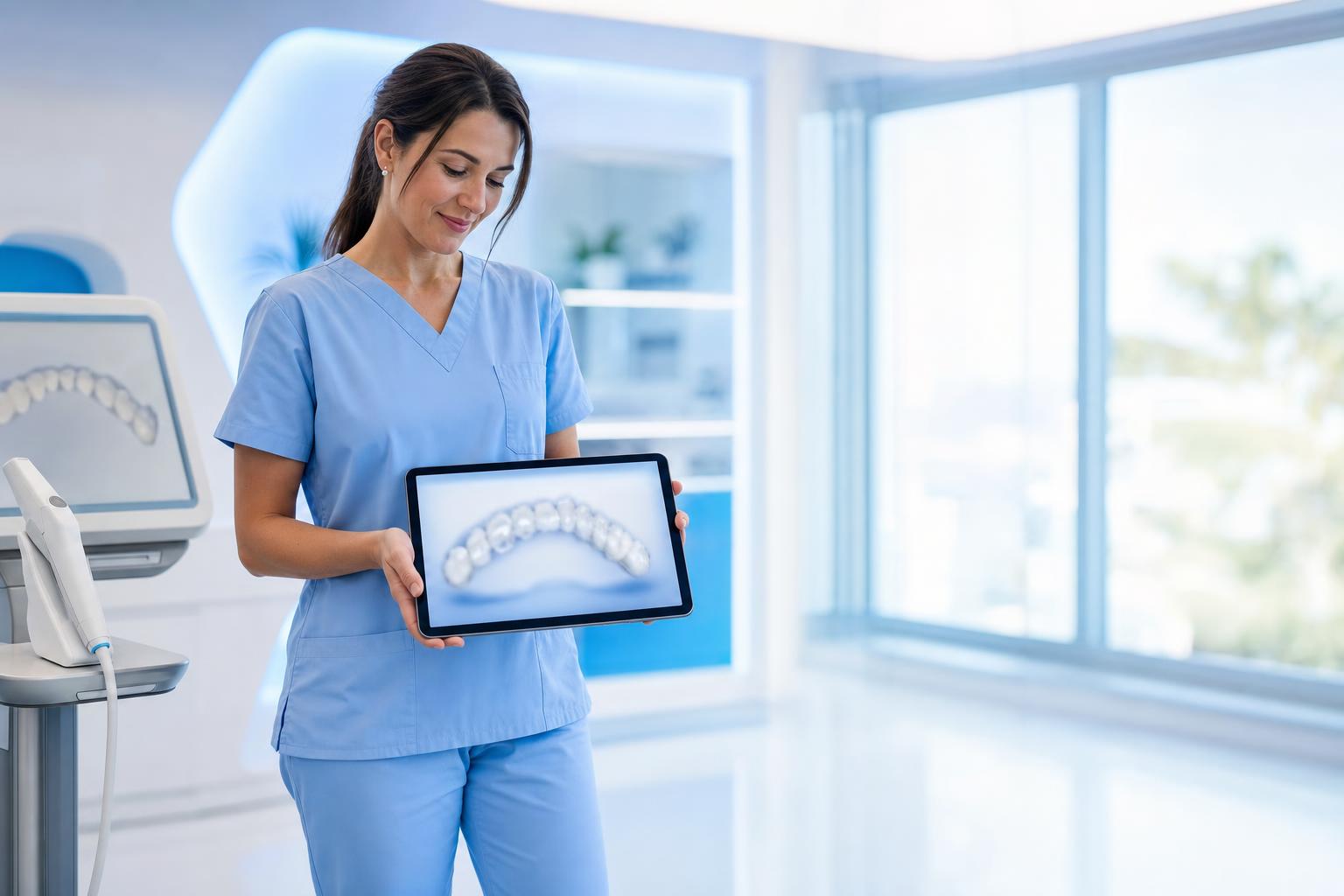 A dentist reviewing a patient's digital scan together before approving the treatment plan for manufacture