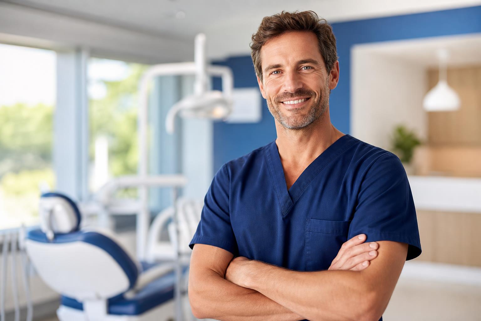 A confident dentist in a modern practice, your partner through clear aligner treatment