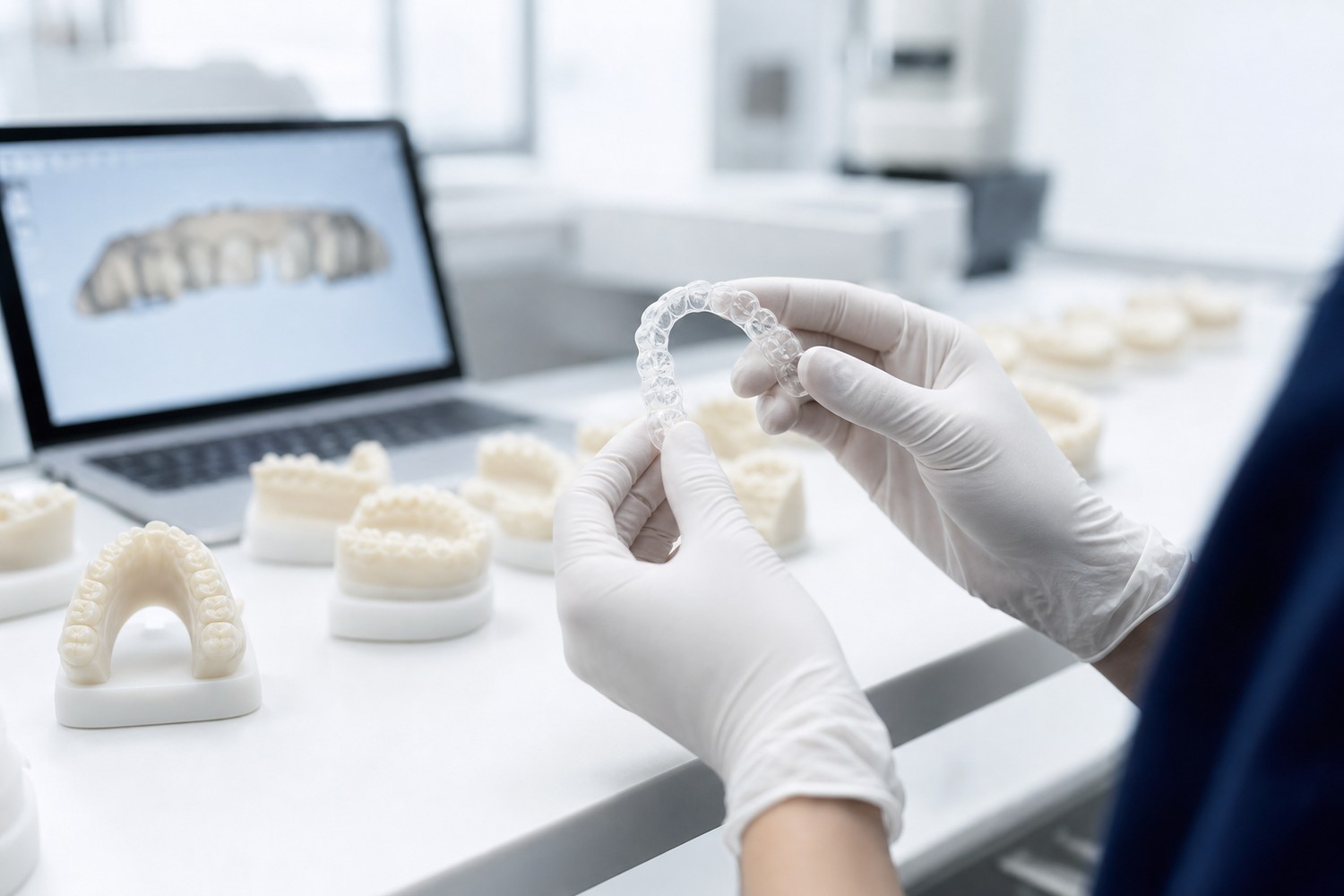 A technician inspecting a finished clear aligner tray in a modern dental laboratory