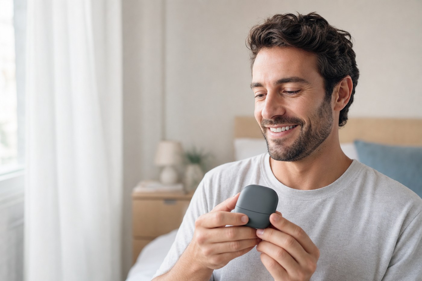 A man smiling gently while holding his clear aligner case in soft morning light
