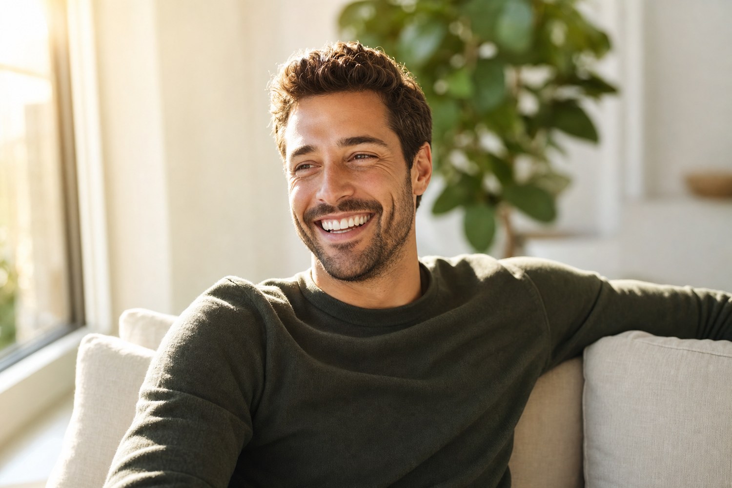 A confident man with a bright, genuine smile relaxing at home
