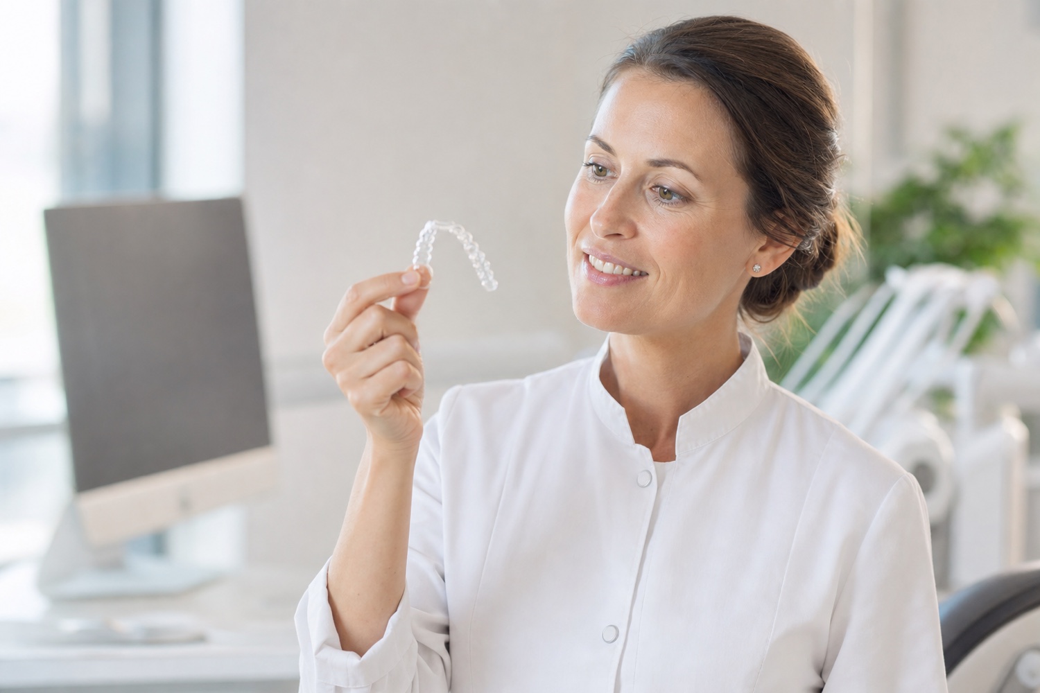 A clinician holding up a clear Active Aligners tray, showing how thin and discreet it is
