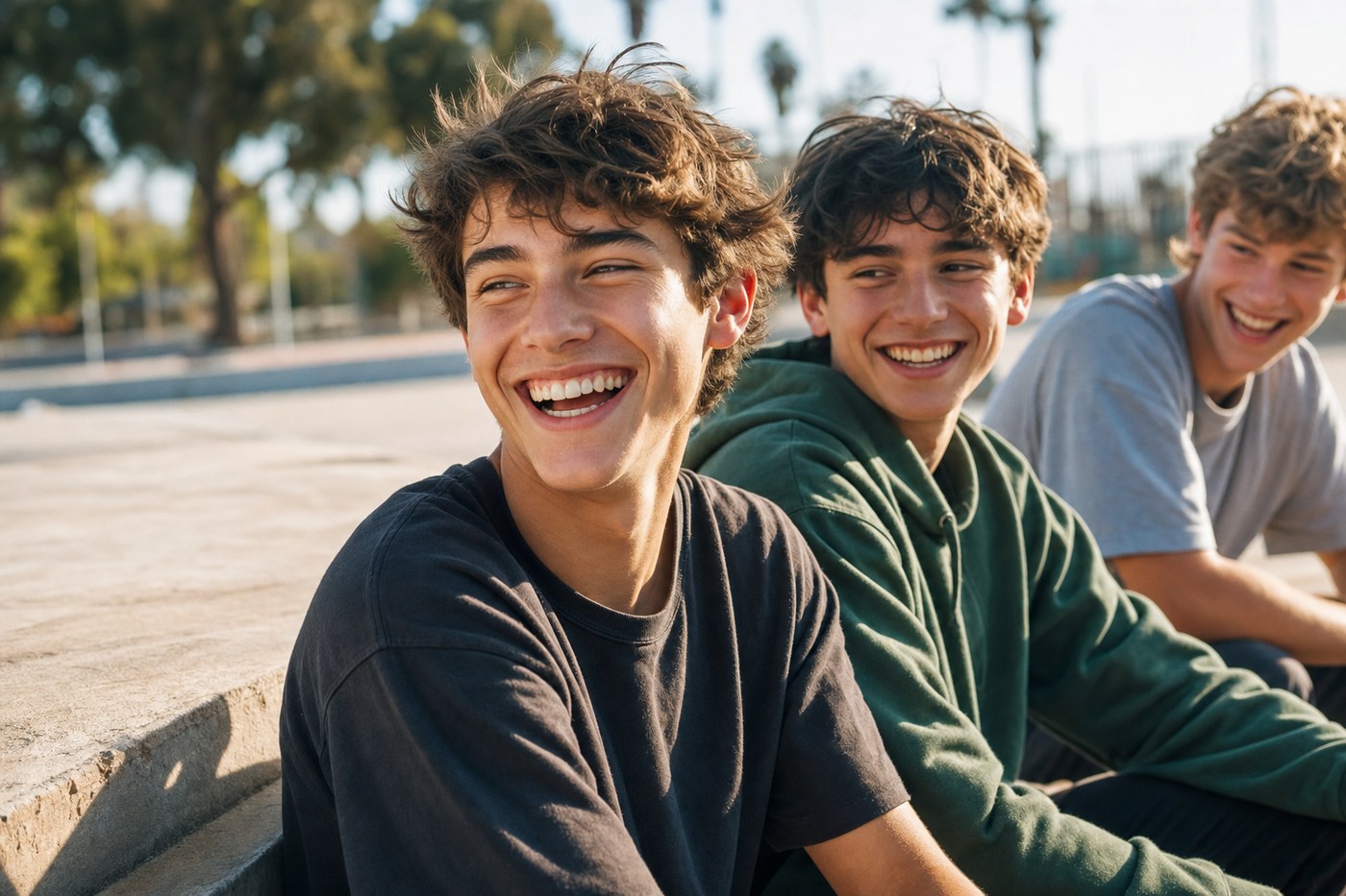 Teenage boys laughing together outdoors on a sunny day