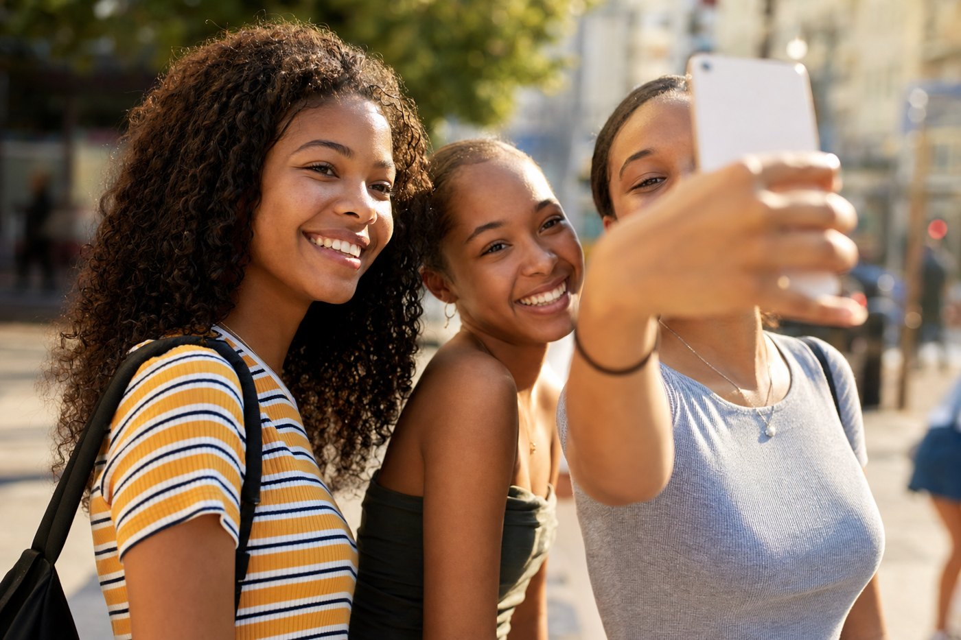 Confident teenagers laughing together and taking a photo on a sunny weekend