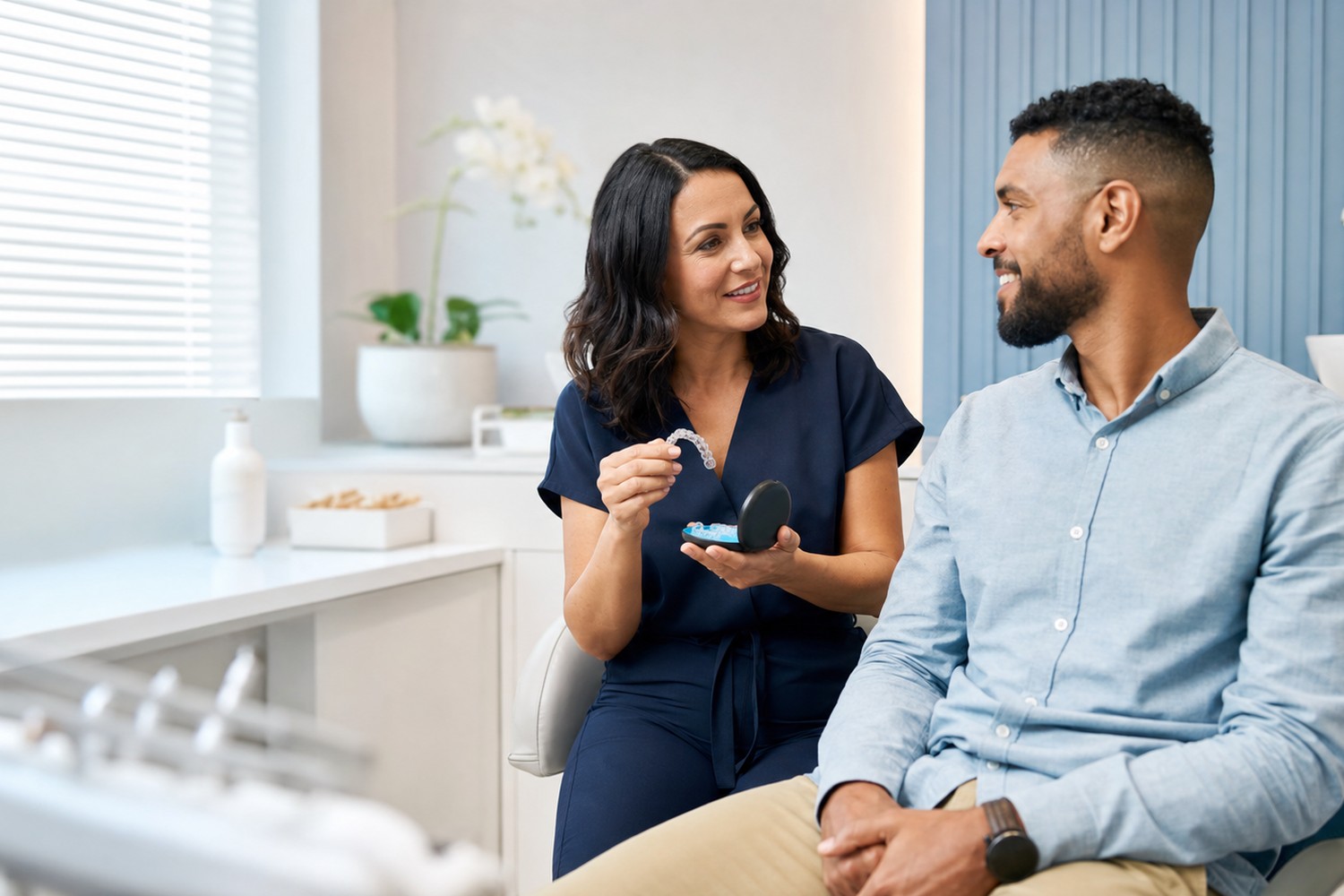 An Active Aligners provider showing a patient a clear aligner during a consultation